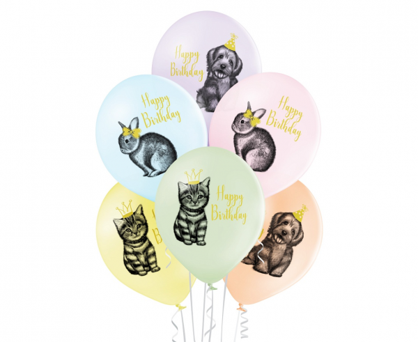 Balony lateksowe Happy Birthday zwierzaki piesek kotek 6 szt.