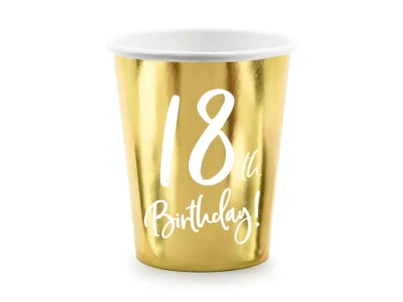 Kubeczki papierowe 18th Birthday złote 220 ml 6 szt.