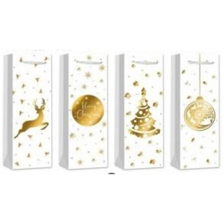 Torebka prezentowa Świąteczna biało-złota (na wino alkohol) 11 x 35 cm