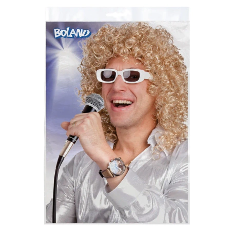 Peruka męska blond loki z okularami piosenkarz