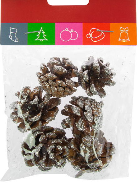 Szyszki sosnowe dekoracyjne z brokatem 6 szt.