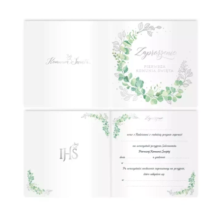 Zaproszenia Pierwsza Komunia Święta eukaliptus 10 szt.