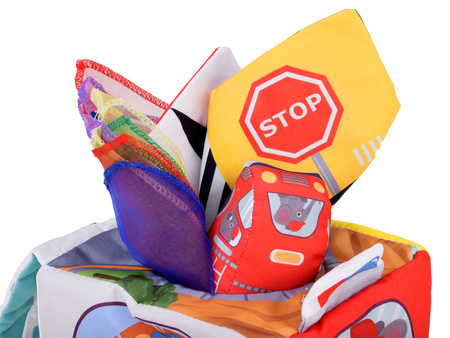 Miękka Kostka Sensoryczna Pojazdy pudełko z chusteczkami montessori