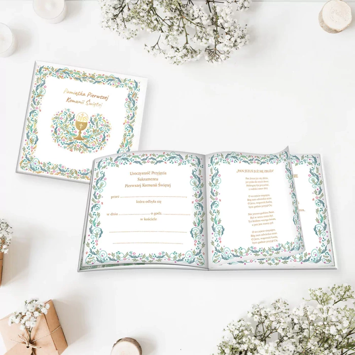 Pamiątka Pierwszej Komunii Świętej - książeczka zielony wzór