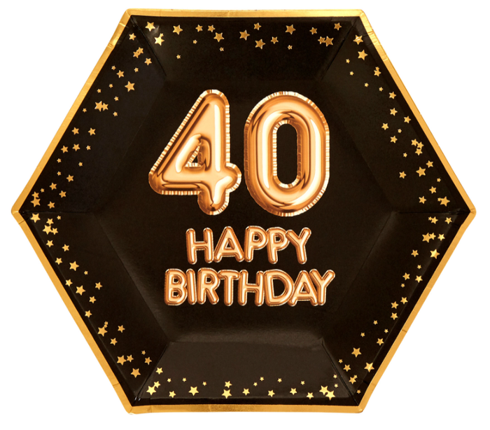 Talerzyki papierowe czarne w złote gwiazdki - 40 HAPPY BIRTHDAY