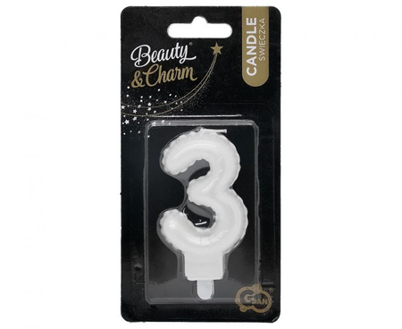 Świeczka urodzinowa cyfra 3 jak balon foliowy perłowa biała, 7 cm