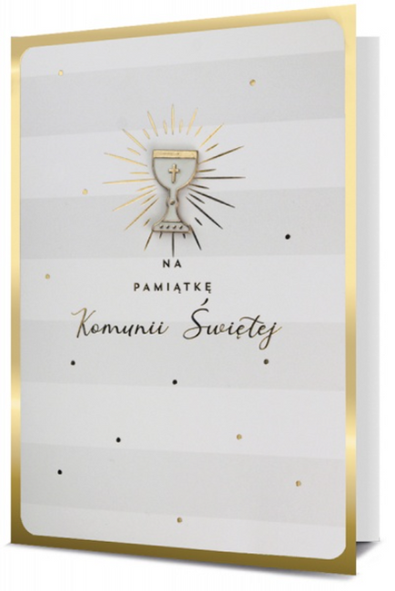 Kartka karnet Komunia na pamiątkę Komunii Świętej z przypinką kielich