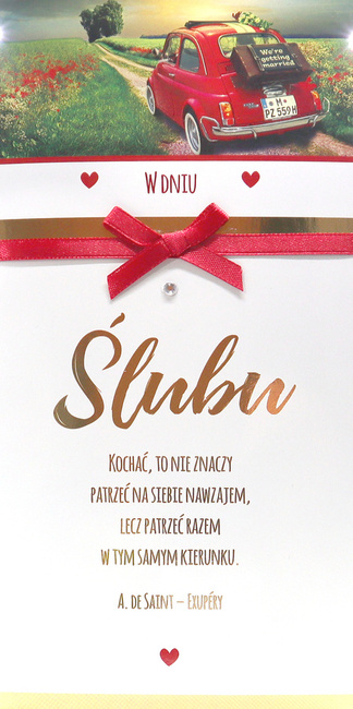 Kartka okolicznościowa W DNIU ŚLUBU czerwone serca kokarda
