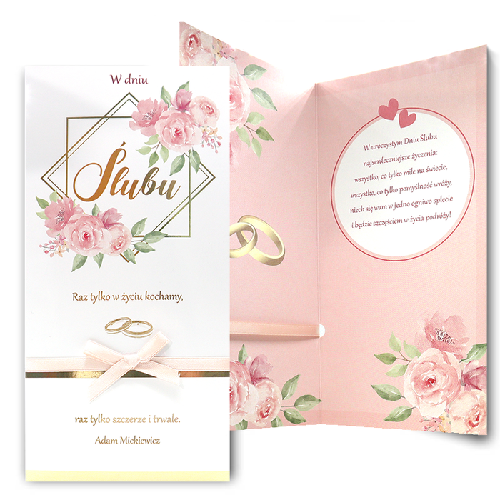 Kartka okolicznościowa W DNIU ŚLUBU kwiaty kokardka