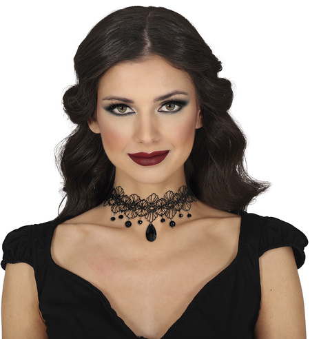 Chocker naszyjnik czarny koronkowy z kamieniami