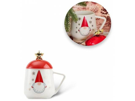 Kubek świąteczny z przykrywką i łyżeczką biało czerwony