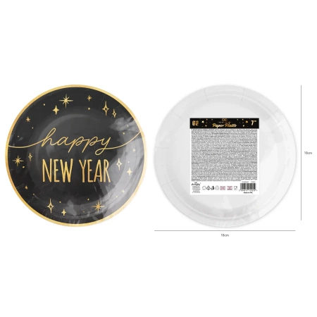 Talerzyki papierowe Happy New Year czarno-złote na Sylwestra 18 cm 6 szt.