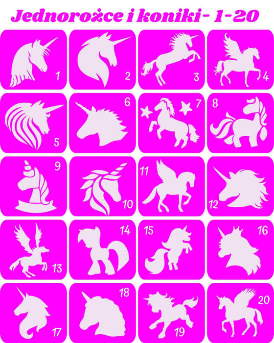 Szablony do tatuaży brokatowych tematyczne 20 szt. Jednorożce i koniki