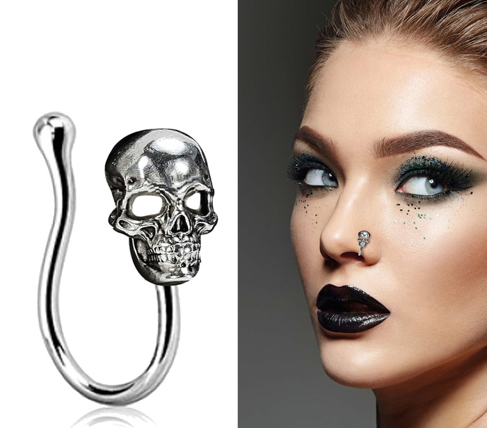 Kolczyk do nosa bez przekłuwania czaszka srebrna