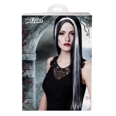 Peruka Wiedźma czarna długa srebrne pasemko