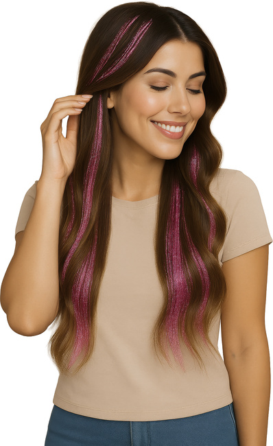 Włosy syntetyczne pasemka brokatowe różowe 50 cm x 3 szt.