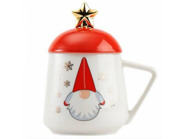 Kubek świąteczny z przykrywką i łyżeczką biało czerwony