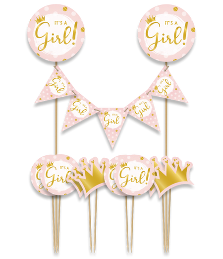 Toppery dekoracyjne, pikery Baby Shower It's a girl różowe 9 szt.