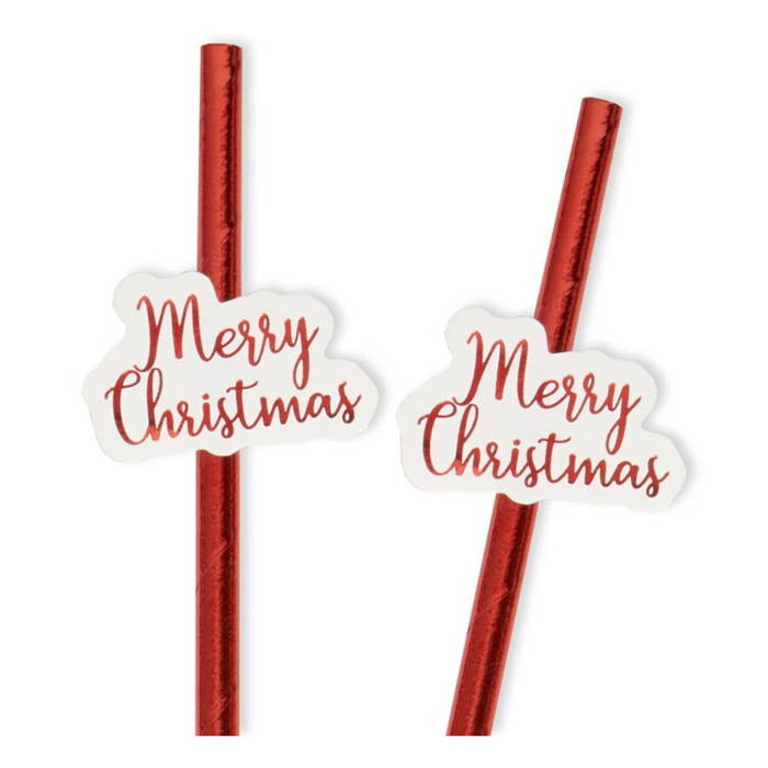 Słomki do picia papierowe czerwone metaliczne 10szt Merry Christmas