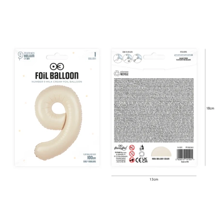 Balon foliowy CYFRA 9 kremowy satynowy 100 cm