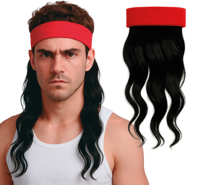 Peruka czarna długie włosy z czerwoną opaską