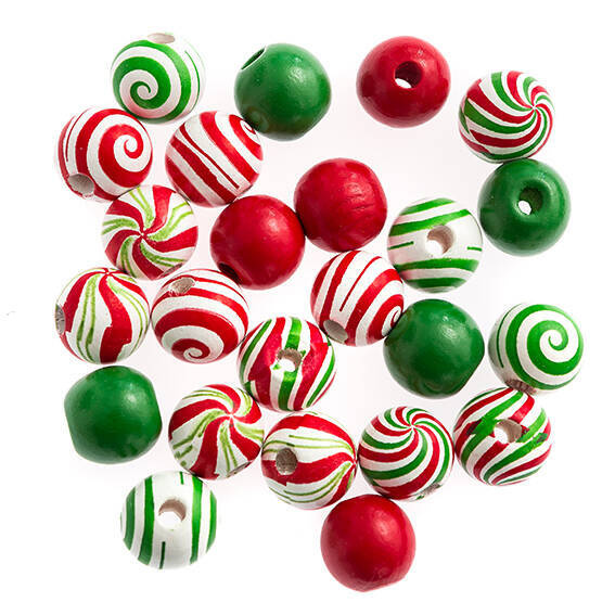 Koraliki drewniane biało czerwono zielone świąteczne 24 sztuk