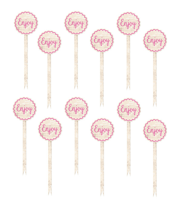 Pikery toppery okrągłe napis Enjoy dekoracje  na tort muffinki 12szt