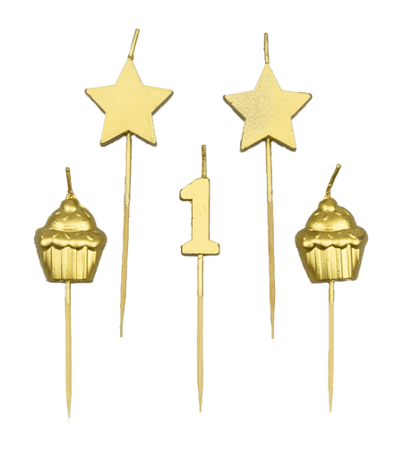 Zestaw świeczek na tort 1 urodziny roczek złote 5 szt.