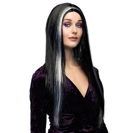Peruka Wiedźma czarna długa srebrne pasemko