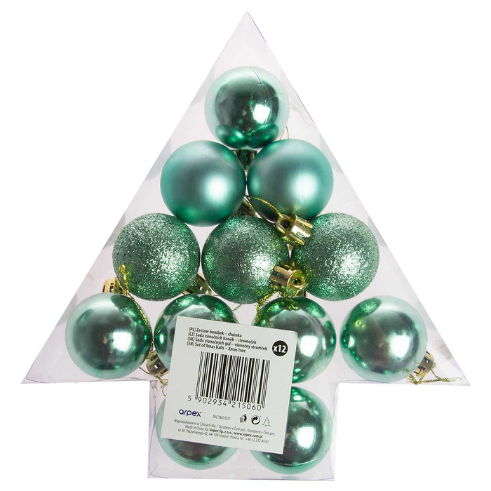Bombki choinkowe miętowe w pudełku choinka (12 szt.)