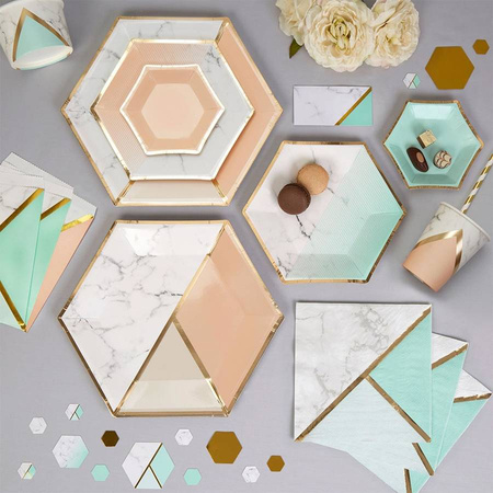 Talerzyki papierowe marmur złote paski Mint sześciokąt rozm.L 8 szt.