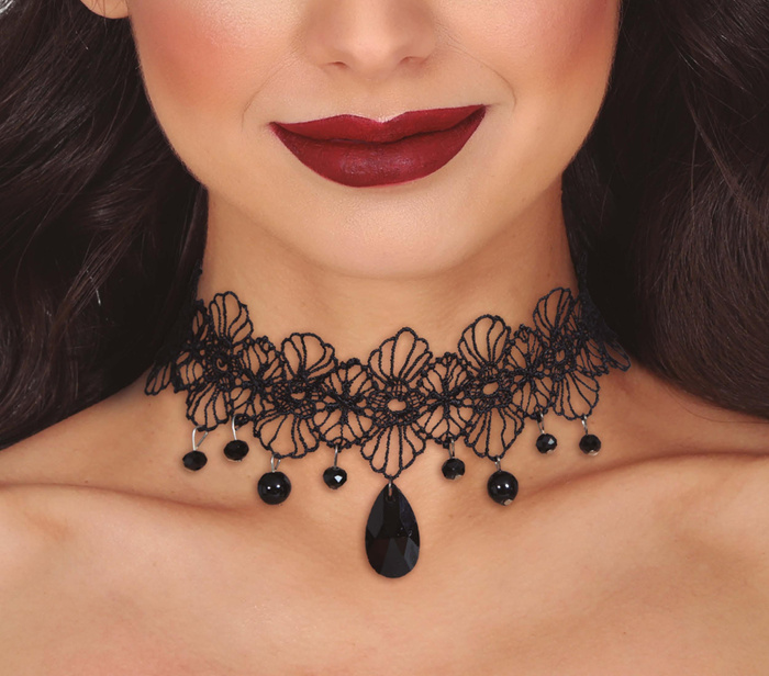 Chocker naszyjnik czarny koronkowy z kamieniami