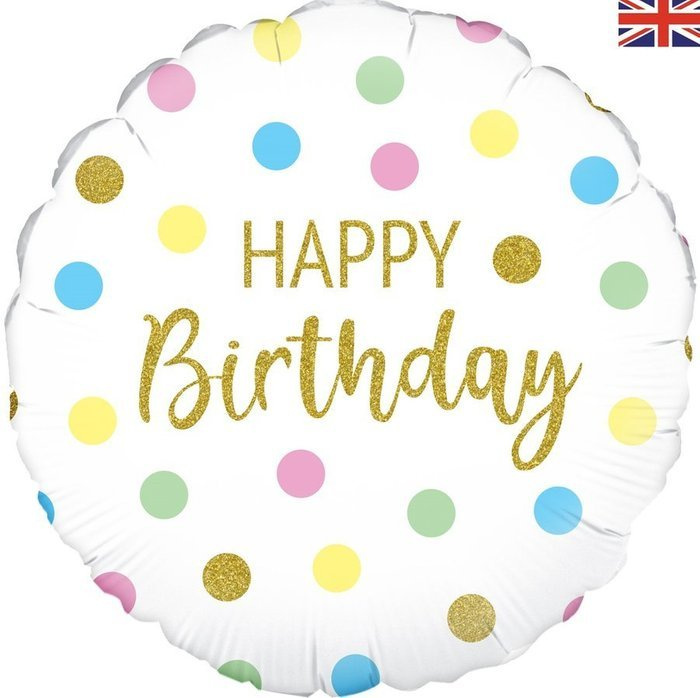 Balon foliowy Happy Birthday pastelowe kropki okrągły 18"