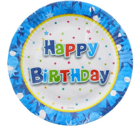 Talerzyki papierowe Happy Bithday niebieskie okrągłe 18cm 6 szt