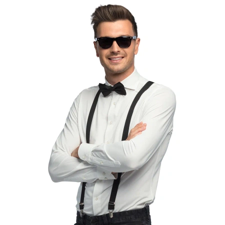 Zestaw szelki, mucha i okulary czarne