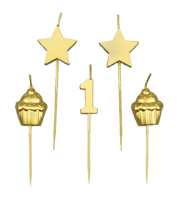 Zestaw świeczek na tort 1 urodziny roczek złote 5 szt.