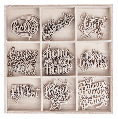 Kształty z drewna słowa napisy 45 szt.