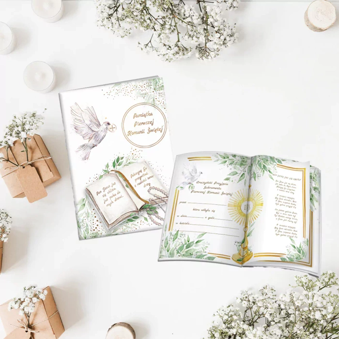 Pamiątka Pierwszej Komunii Świętej - książeczka A5 z gołębiem