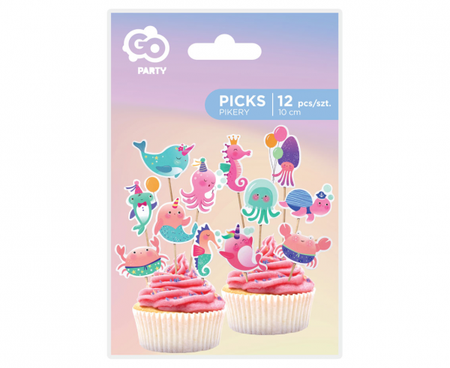 Pikery toppery na tort WODNY ŚWIAT dekoracje 12 szt.