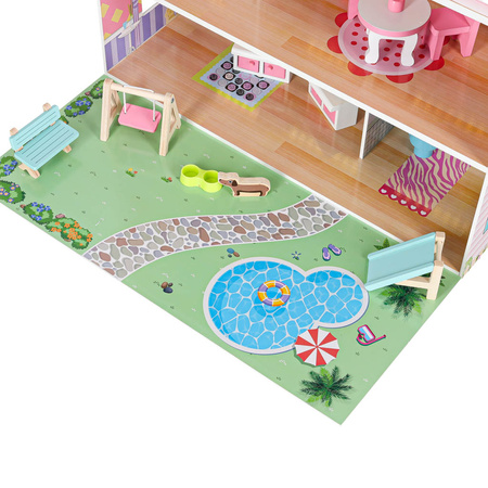 Domek dla lalek drewniany Lulilo Gardeno z ogródkiem mebelki 70cm różowy LED
