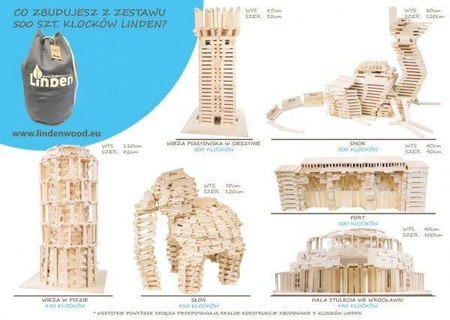Klocki drewniane Linden, zestaw 500 szt. w worku żeglarskim