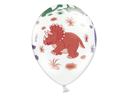 Balony z nadrukiem Dinozaury białe z kolorową grafiką 6 szt.