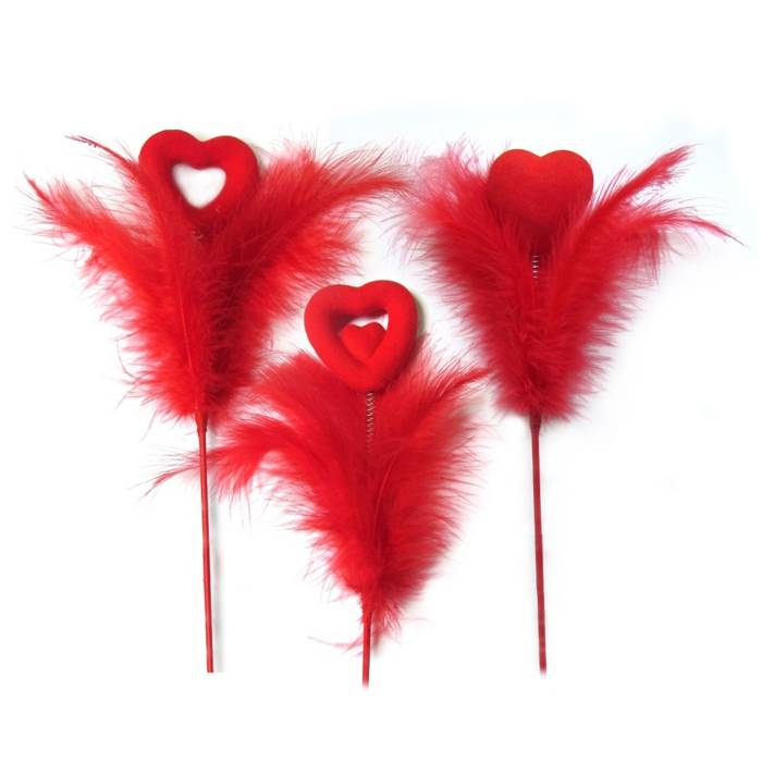 Serduszko z piórkami na patyku Dekoracja 1 szt.