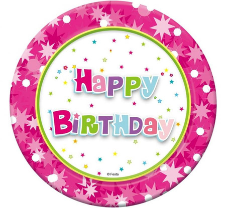 Talerzyki papierowe Happy Bithday różowe okrągłe 18cm 6 szt