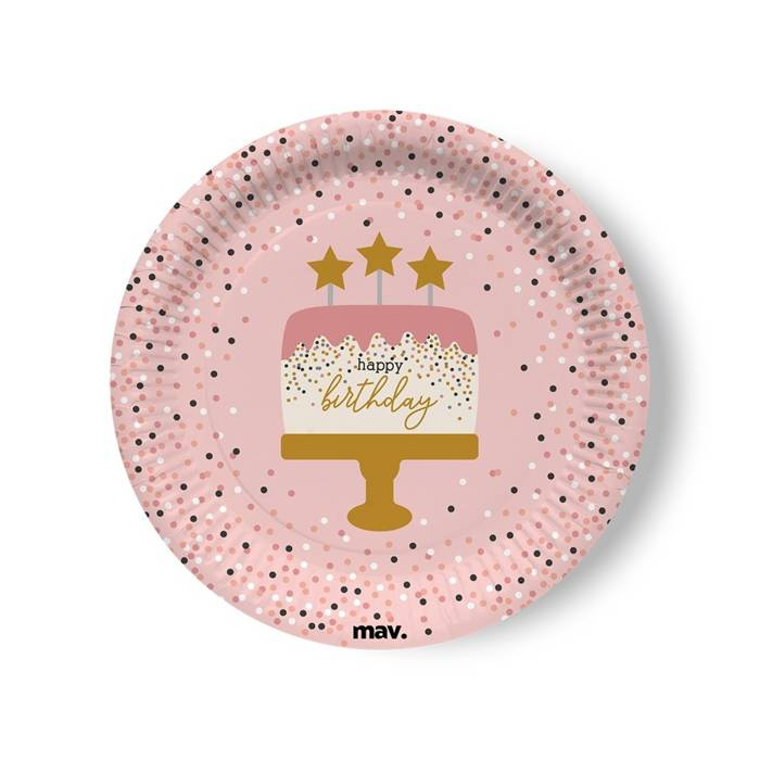 Talerzyki papierowe Happy Birthday różowe TORT 23 cm 8 szt.