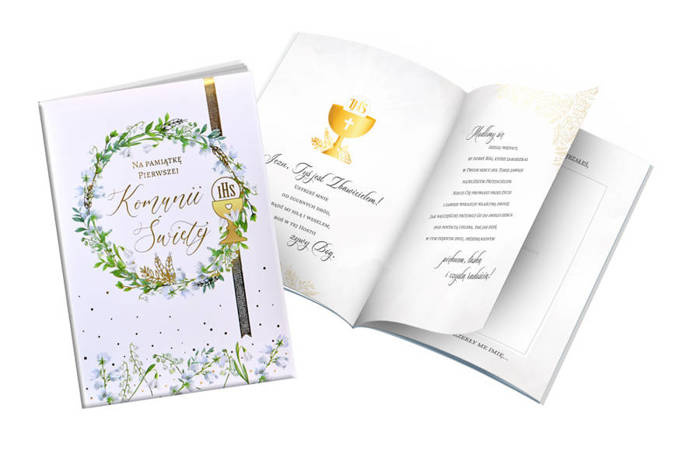 Pamiątka Pierwszej Komunii Świętej - książeczka kwiaty IHS