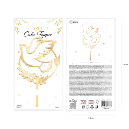 Topper lustrzany na tort Komunia Święta Gołąb 13 cm