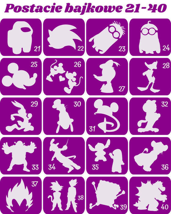 Szablony do tatuaży brokatowych tematyczne 20 szt. Postacie bajkowe