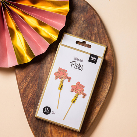 Toppery dekoracyjne, pikery na imprezę Happy Birthday Golden Dusk 12 szt.