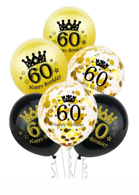 Balony gumowe 60 lat Happy Birthday zestaw 6 szt. mix 12 cali